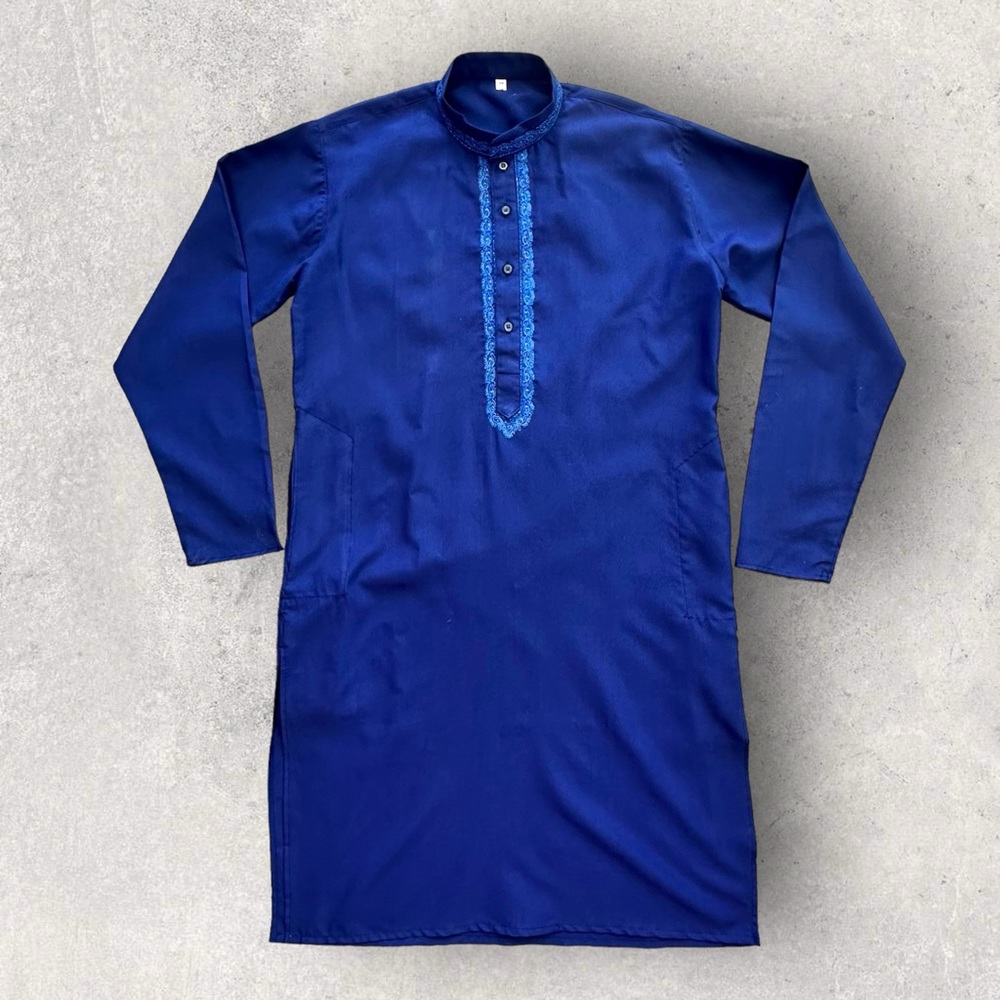Premium Embroidered Navy Blue Wrinkle Free Cotton Tunic Indian Kurta